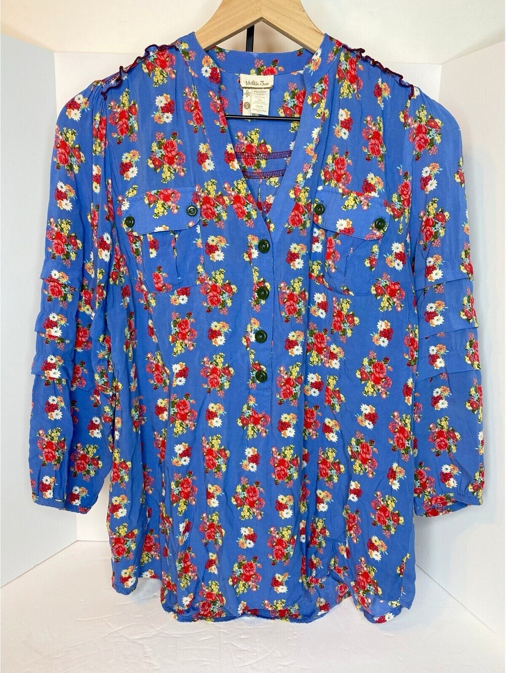 Matilda Jane Finley Blouse Secret Fields Blue Floral Ruffle Rayon Top Small